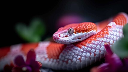 Fototapeta premium Corn Snake in a Garden: A vibrant orange and red corn snake coiled gracefully in a garden. Reptile. Wildlife. Snakes.