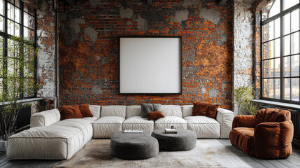 Industrial Chic Living Room Mockup: A contemporary living room with a sleek, industrial aesthetic boasts a large framed mockup on an exposed brick wall.