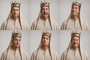 A man in a golden crown and robe, with a surprised expression, is captured in six distinct photos against a white background, showcasing his unique attire and facial expression
