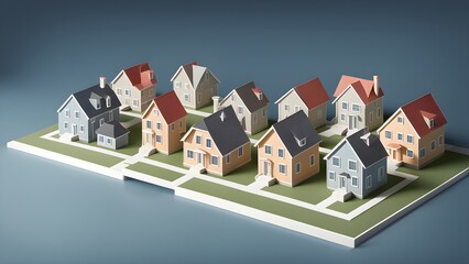 Isometric illustration of a charming suburban neighborhood featuring a variety of colorful houses.