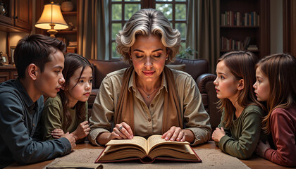 World Storytelling  day: Woman reading a book to attentive children at home
