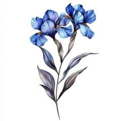 A blue iris flower, elegant botanical art, watercolor technique, isolated on white background,
