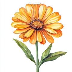 A calendula flower, bright and cheerful, watercolor illustration, isolated on white background,