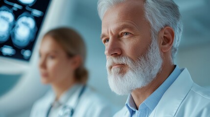 Obraz premium A focused doctor examines medical scans, reflecting a serious approach to patient care in a modern clinical setting.