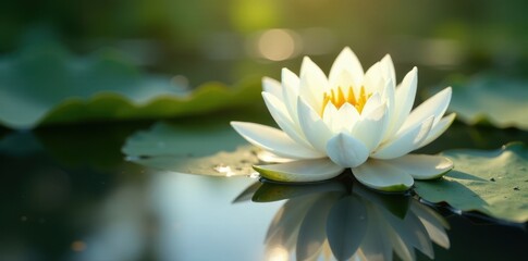 Single white lotus in clear water, sunlight reflecting, zen, yoga, delicate