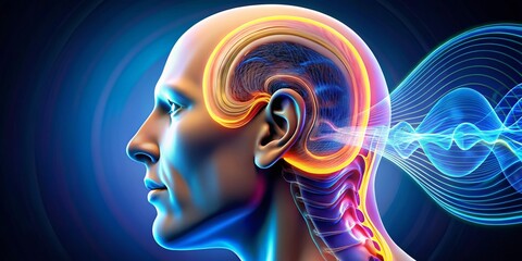 Obraz premium Hearing Sound Waves, Ear Anatomy, Audio Perception, Auditory System, Sound Frequency Stock Photo