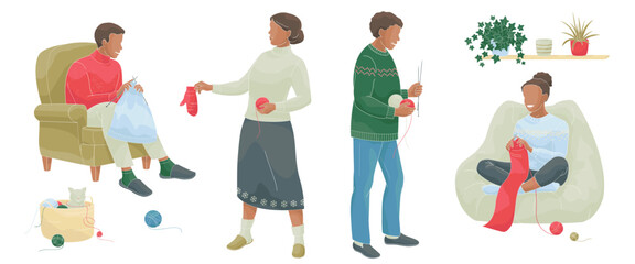 African American man and woman knitting sitting in a chair, woman stands and holds a knitted mitten and a ball of thread in her hands, man stands with knitting needles and balls of thread in his hand