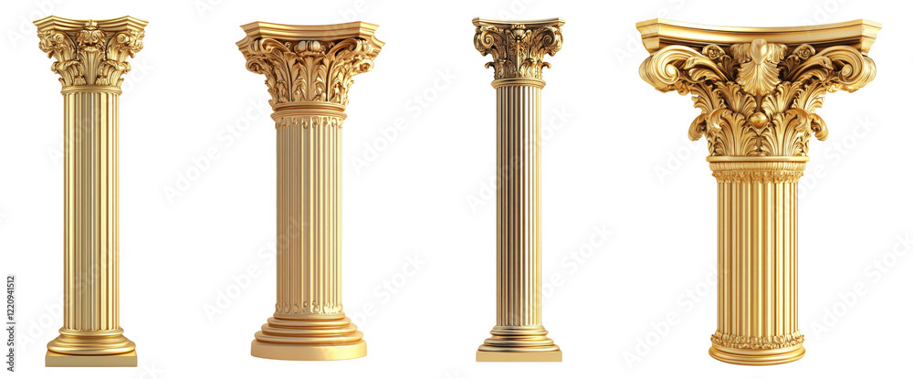 Poster four golden corinthian columns are displayed showing the detail of their capitals and bases against 