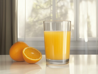 glass of orange juice next to oranges on white table