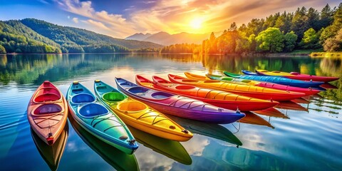 Rainbow Kayaks Tied Together on Calm Water - Summer Water Sports Adventure