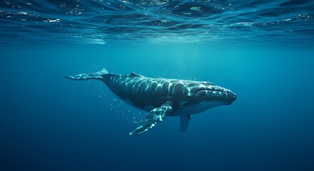 Obraz premium Majestic humpback whale swimming gracefully underwater in deep blue ocean, sunlight filtering through the surface, concept for marine life conservation, oceanographic research and wildlife documentary