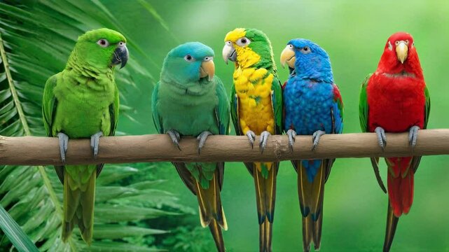 Four parrots of varying colors sit on a branch, surrounded by lush green foliage in daylight.