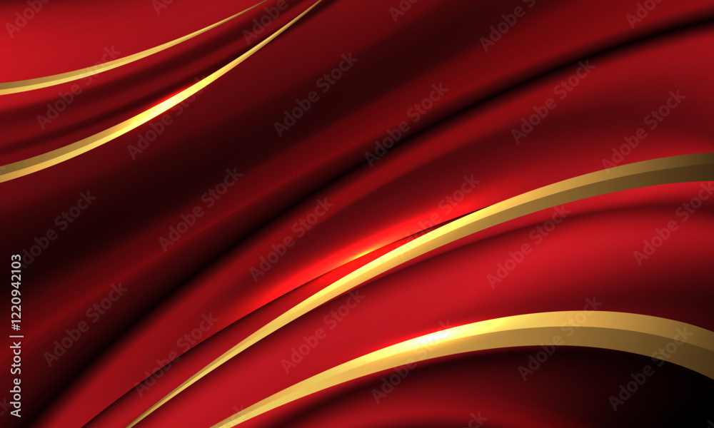 Wall mural abstract gold line curve on red wave background texture vector