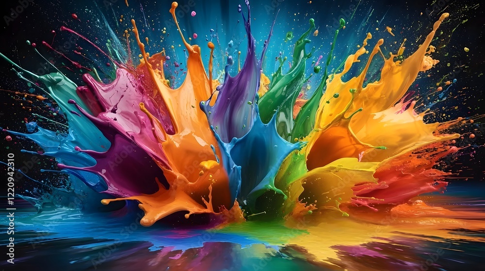 Poster Vibrant Abstract Paint Splash Explosion in Dynamic Creative Wallpaper Composition  Playful and visually striking abstract art with fluid paint splatters in a range of bold