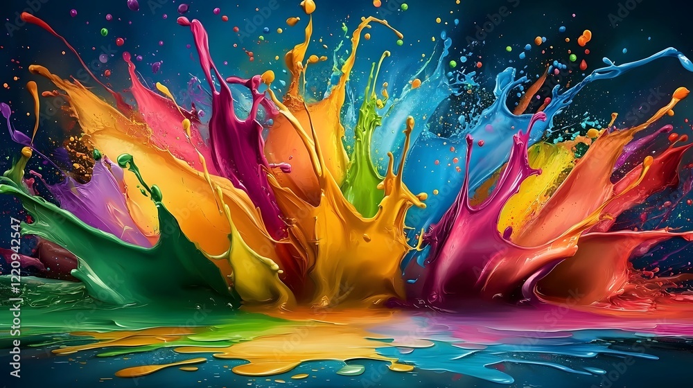 Poster energetic multicolored paint splashes in dynamic motion forming an eye catching abstract wallpaper d