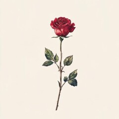 Fototapeta premium A single red rose illustration, botanical element, watercolor style, isolated on white background,