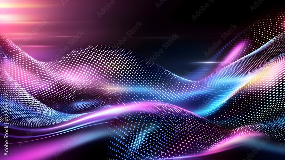 Poster captivating abstract digital artwork featuring vibrant colorful flowing waves of luminous light in s
