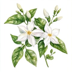 Obraz premium A star jasmine flower, celestial botanical design, watercolor illustration, isolated on white background,