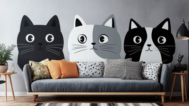 Three Curious Cats Wall Decal: Add a playful touch to your living room with this whimsical wall decal featuring three adorable cartoon cats with big, expressive eyes. The black.
