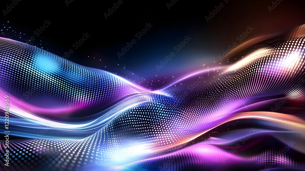 Poster captivating abstract digital art composition featuring radiant waves of glowing purple blue and pink