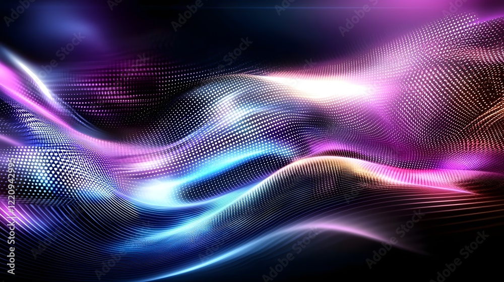 Poster radiant waves of vibrant purple blue and pink light flow and swirl across a futuristic digital lands