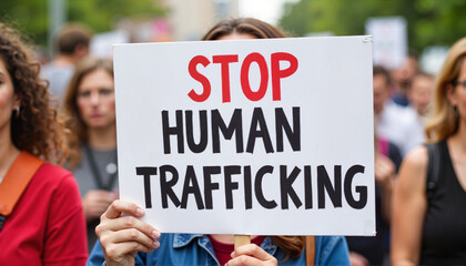 "Stop Human Trafficking" protest sign held by diverse group, emphasizing public awareness