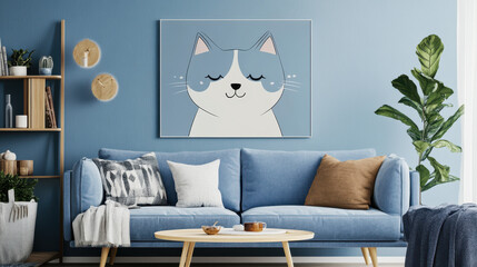 Cozy Cat Canvas Art: A charming blue and white cat with closed eyes adorns a canvas print, bringing a touch of whimsy to a contemporary living room interior with a blue sofa, wooden coffee table.