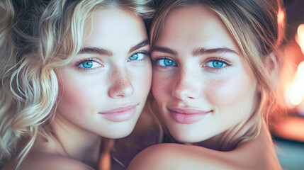 Fototapeta premium Two young women with beautiful blue eyes pose closely together, smiling brightly in a cozy indoor setting during golden hour