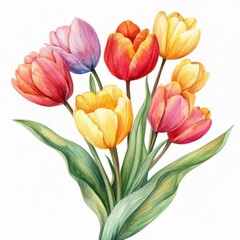 Obraz premium A vibrant tulip bouquet, spring flower collection, watercolor illustration, isolated on white background,