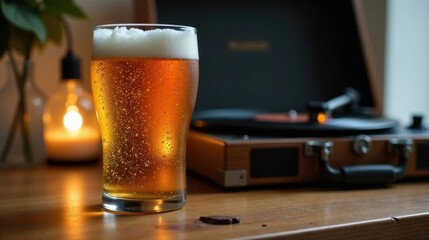 A refreshing pint of golden beer sits beside a vintage record player, illuminated by warm candlelight, creating a cozy and relaxed ambiance.