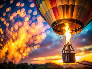 Hot Air Balloon Burner Flame at Dawn, Colorful Sunrise, Copy Space Left