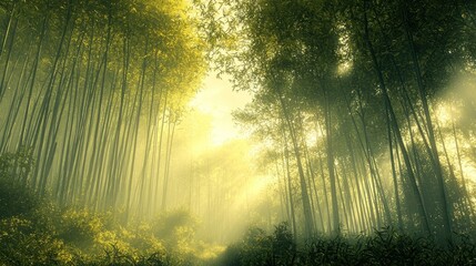 Obraz premium Sunlit Bamboo Forest Path Misty Morning Scene