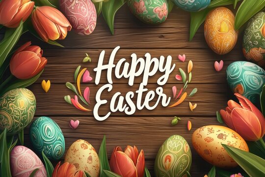 Happy Easter Eggs and Tulips - Powered by Adobe