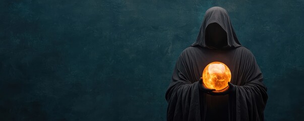 A cloaked figure holds a glowing orb, evoking themes of mystery, magic, and the supernatural against a dark, moody background.
