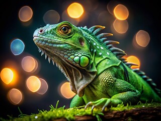 Fototapeta premium Iguana Portrait: Striking Green Reptile on Black Background with Bokeh
