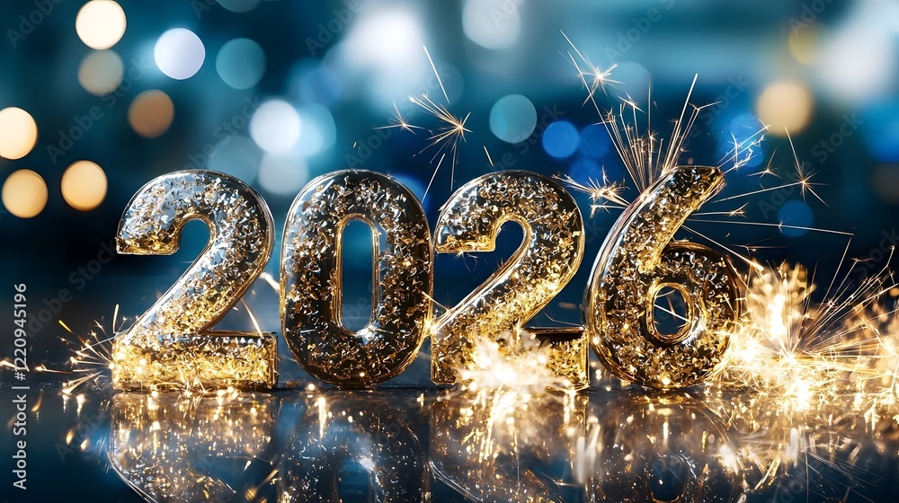 Poster Vibrant of 2026 New Year with Glowing Sparklers and Spectacular Fireworks Set Against a Cheerful and Lively Background with Festive Party Elements