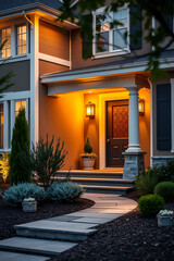Fototapeta premium Illuminated House Exterior at Night: A Captivating Entrance and Landscaped Pathway