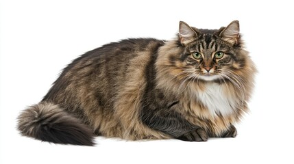 Obraz premium Full body shot of a fluffy brown and black tabby cat with white chest fur on a white background