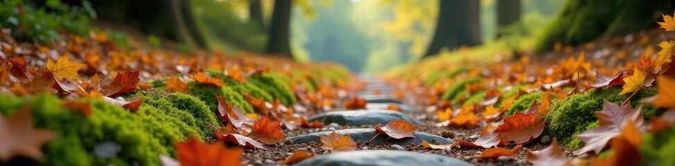 Overgrown path, faded autumn leaves, mossy stones, blurred background,  stones,  red,  color