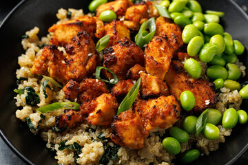 Sweet and sour tofu with spinach quinoa and steamed edamame beans. Healthy food.