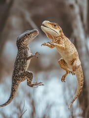 Naklejka premium Two lizards leap, forest background, wildlife photography, nature image