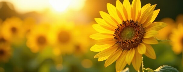 Obraz premium Sunlit sunflower, pollen detail, vibrant yellow hues, stock photo, natural, golden hour