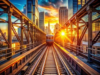 Fototapeta premium Isolated Train on Elevated Tracks, Dramatic Architectural Photography