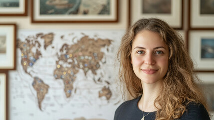 Fototapeta premium Young woman poses cheerfully in front of world map with a collection of framed pictures behind her