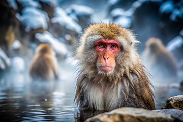 Fototapeta premium Japanese Macaque Relaxing in Hot Spring, Winter Snow Monkey Portrait, Wildlife Photography