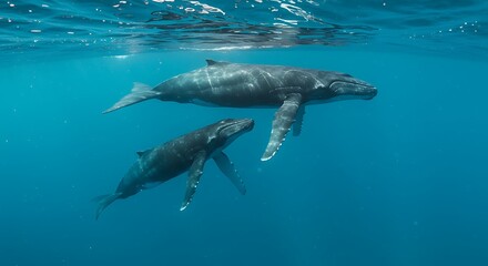 Fototapeta premium Majestic humpback whale mother and calf swimming in deep blue ocean. Wildlife at its best.