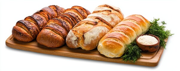 A wooden platter showcases several types of freshly baked bread, including loaves with different crusts and textures, accompanied by a small bowl of dip.