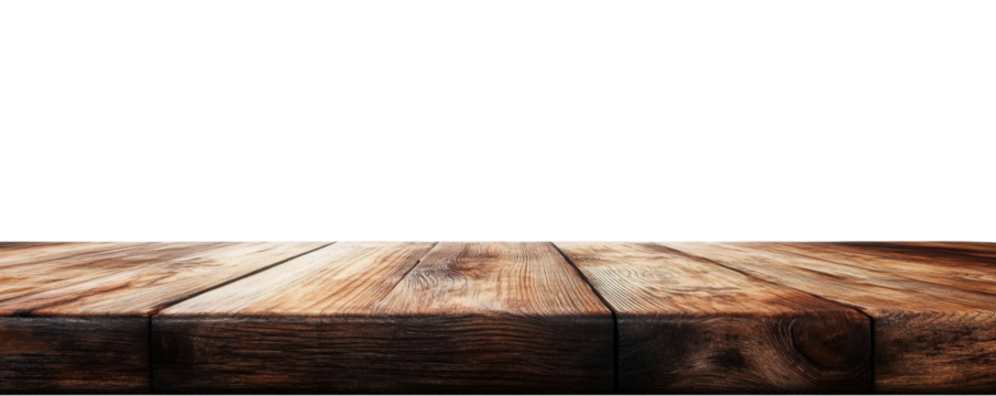 Empty wooden table top isolated on white background for product display mockup design