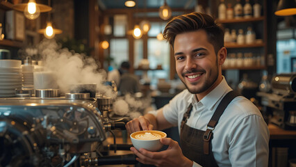 AI - A cheerful barista making a latte with intricate latte art in a cozy, modern coffee shop