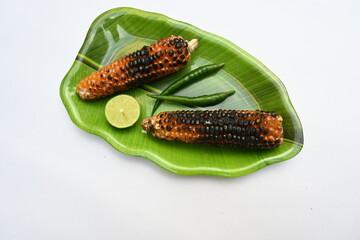 Fototapeta premium Grilled Sweet corn cob on whitebackground. This is a complete food for humans. It contains many vitamins. It's like all over world. Heathy eating. 